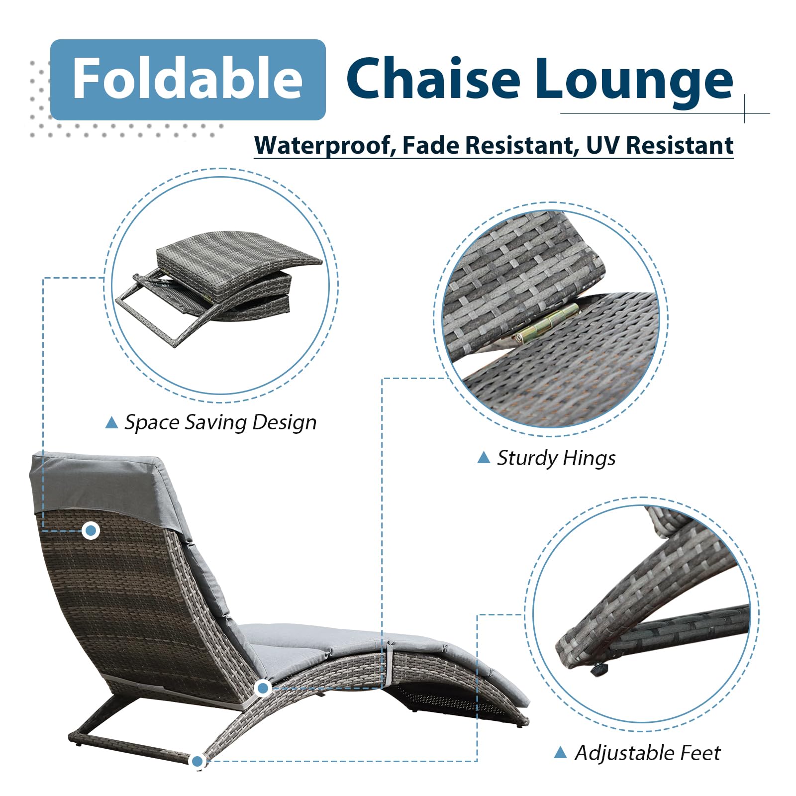 JOIVI Patio Chaise Lounge Chairs - Foldable Outdoor Rattan Recliner with Removable Light Gray Cushion, Waterproof Poolside Sunbathing Chair for Backyard, Garden, Balcony & Beach Relaxation | Perfect for Sunbathing, Lounging & Outdoor Leisure
