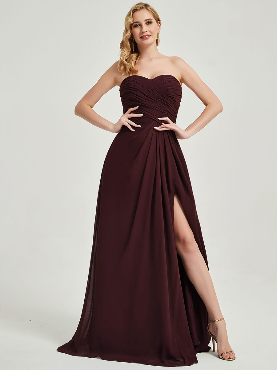 Elegant Strapless Cabernet Floor-Length Empire Waist Bridesmaid Dress with High Slit - Perfect for Weddings, Prom & Formal Events