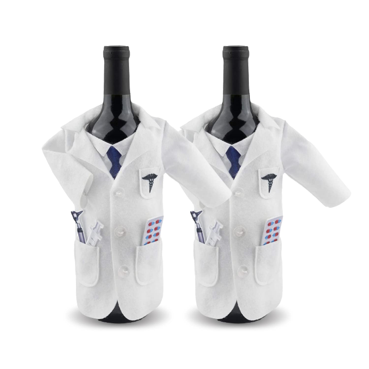 Premium White Coat Wine Gift Set for Doctors & Nurses - Felt Wine Bag with Otoscope, Syringe & Capsule Charms | Medical Themed Graduation, Birthday & Anniversary Gifts for Women & Men | Perfect for Wine Lovers in Healthcare (2-Pack) - Great for Office Celebrations, Retirement Parties & Medical Milestones