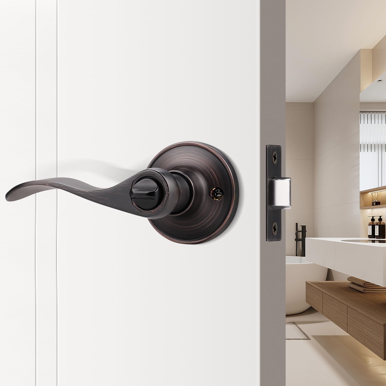 6 Pack Privacy Door Lever with Thumb Turn Lock - Keyless Oil Rubbed Bronze Wave Door Handle Set for Bedroom & Bathroom Doors (Reversible Right/Left Handed) - Perfect for Home Privacy, Interior Doors & Rental Properties