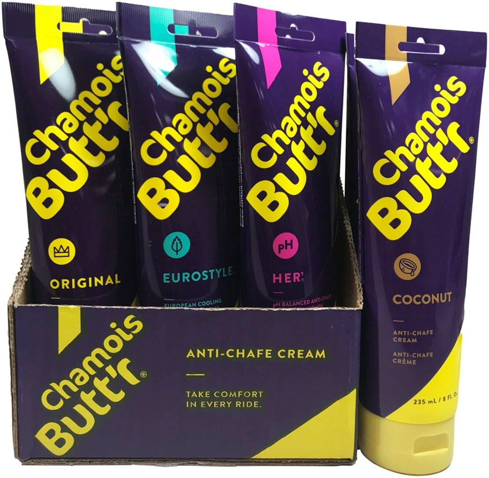 Chamois Butt'r 8oz Anti-Chafing Cream Variety Pack (6 Original, 2 Her', 2 Eurostyle, 2 Coconut) - Premium Cycling & Running Cream for Long-Distance Comfort