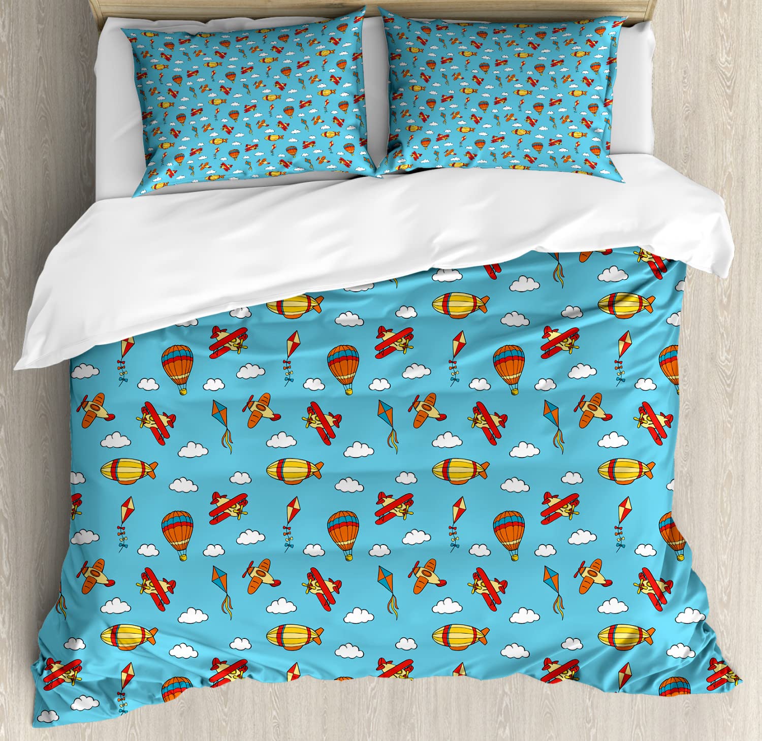 Ambesonne Airplane Duvet Cover Set - Colorful Aviation Themed Bedding with Balloons, Biplanes, Zeppelins & Kites | 2-Piece King Size Set Includes 2 Duvet Covers & 4 Pillowcases | Perfect for Kids' Rooms, Aviation Enthusiasts & Themed Bedrooms