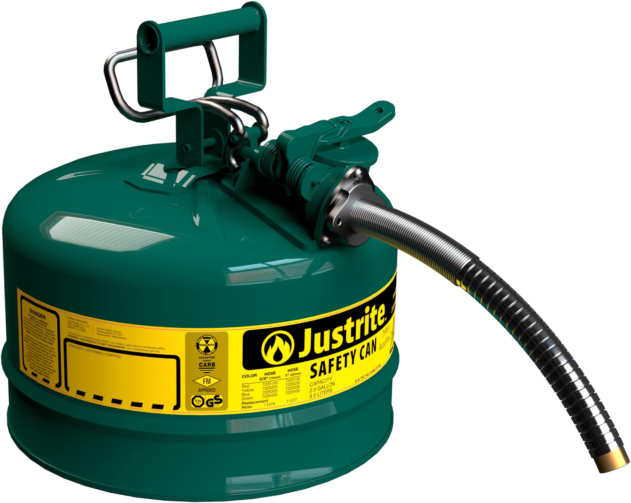 Justrite 2.5 Gallon Type II Green Safety Can for Oil Storage | Flame Arrester & Self-Closing Lid | 1