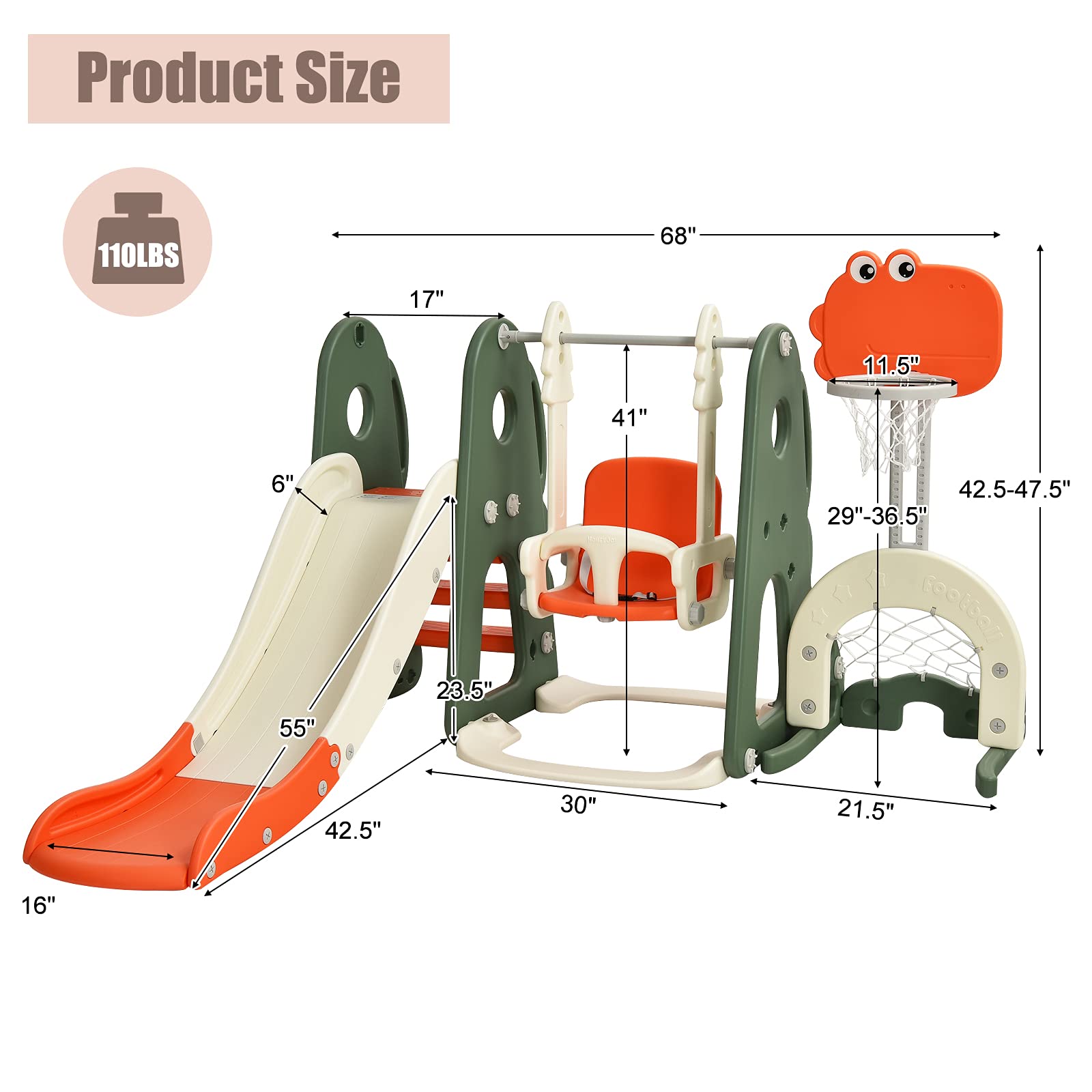 Costzon 6-in-1 Toddler Slide & Swing Set - Large Kids Climber Playset with Basketball Hoop, Soccer Goal & Golf Hole - Indoor/Outdoor Backyard Playground Equipment for Ages 2-12 - Perfect Birthday & Holiday Gift for Active Children (Great for Backyards, Parks & Daycare Centers)