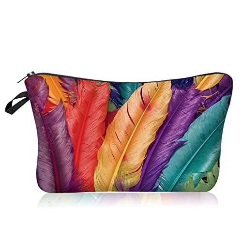 Waterproof Travel Makeup Bag for Women - Small Portable Cosmetic Organizer Pouch with Zipper, Toiletry Storage Purse (Feathers Design) - Perfect for Travel, Gym & Daily Essentials Organization