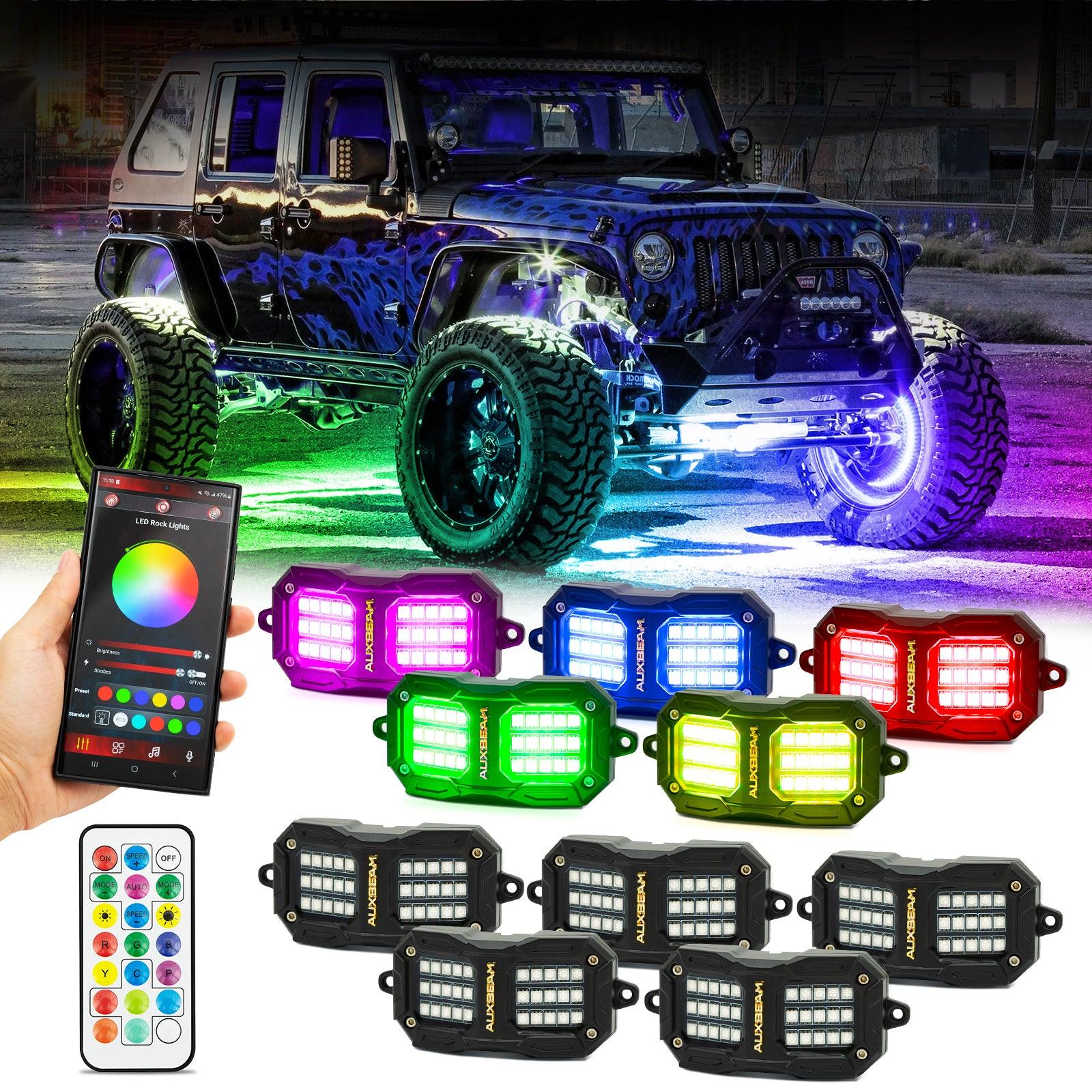 Upgraded RGB LED Rock Lights Kit - Multicolor Neon Underglow Lights with Bluetooth APP & Remote Control | Waterproof Off-Road Lighting for Trucks, Jeeps & ATVs | Enhance Night Rides & Car Shows
