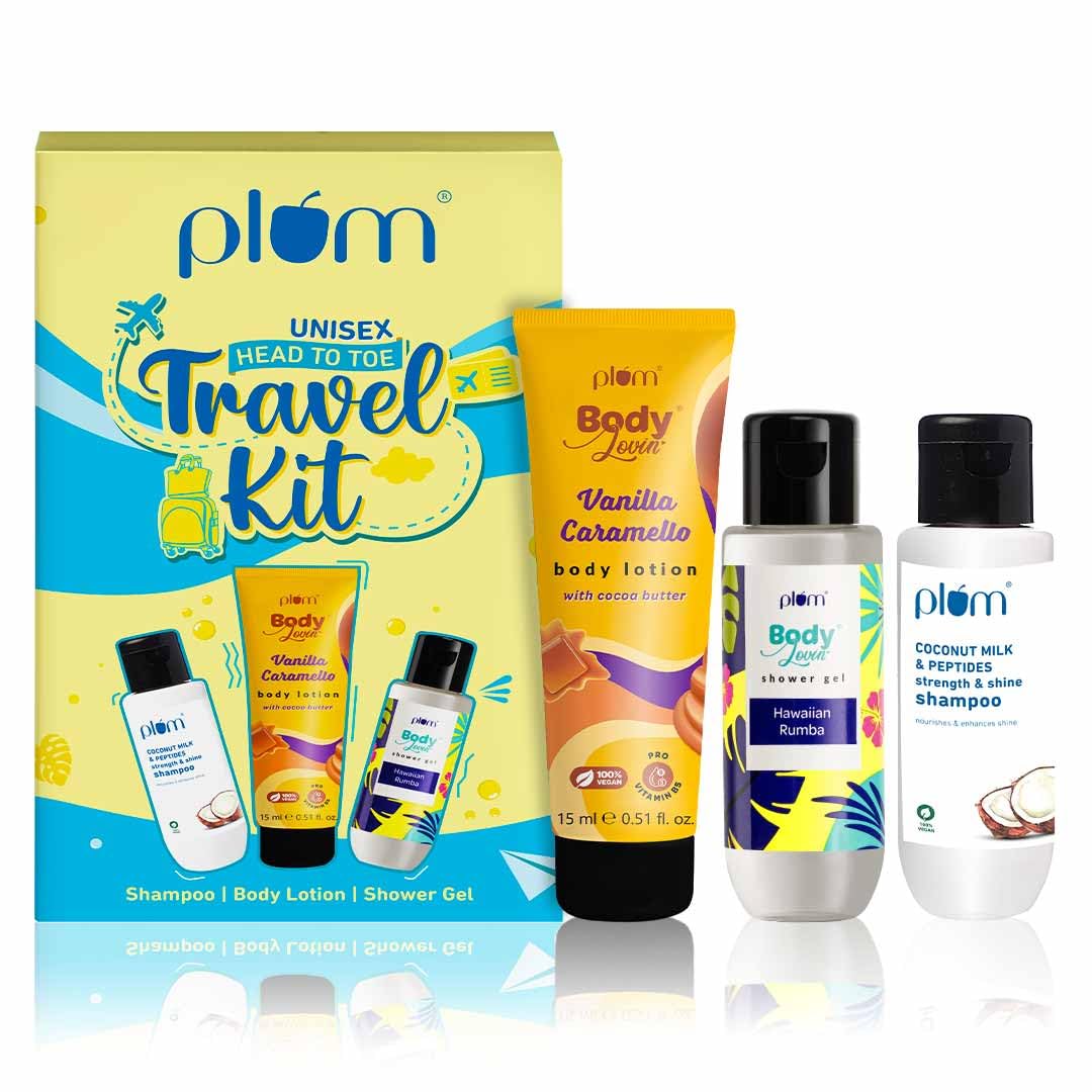 Plum Unisex Head to Toe Travel Kit with Hawaiian Rumba Shower Gel, Coconut Milk & Peptides Shampoo, Vanilla Caramello Body Lotion | Personal Care Set for Travel, Gym, Camping & Vacation Essentials