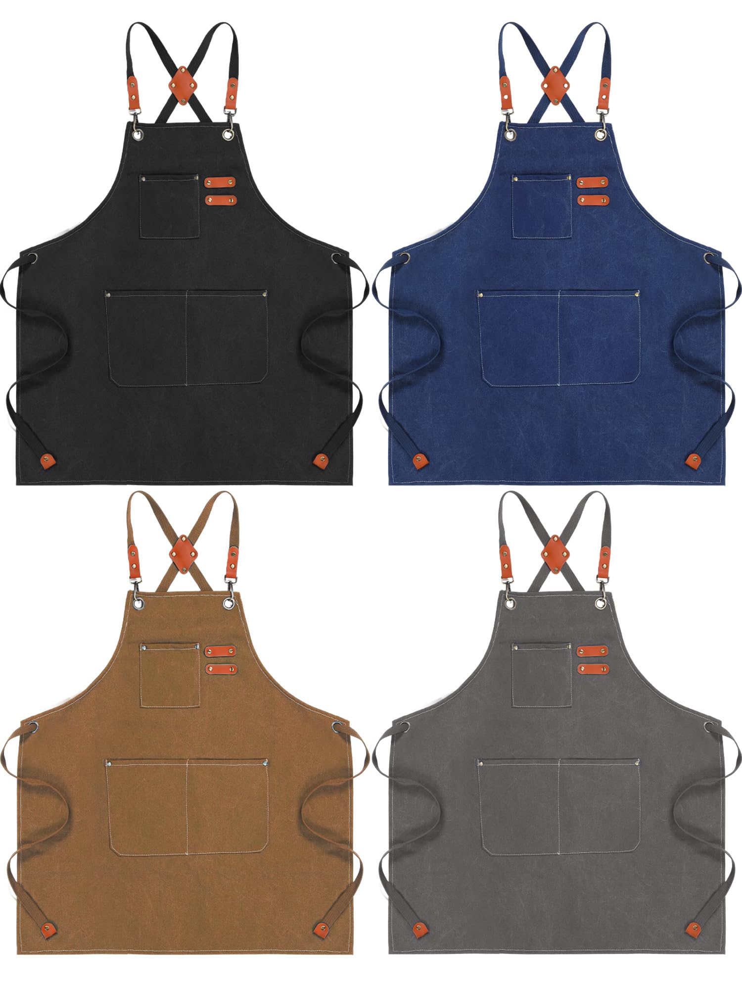 Toulite 4 Pack Adjustable Cross Back Canvas Chef Apron for Men - Cotton Barber Apron with Pocket (26 x 30