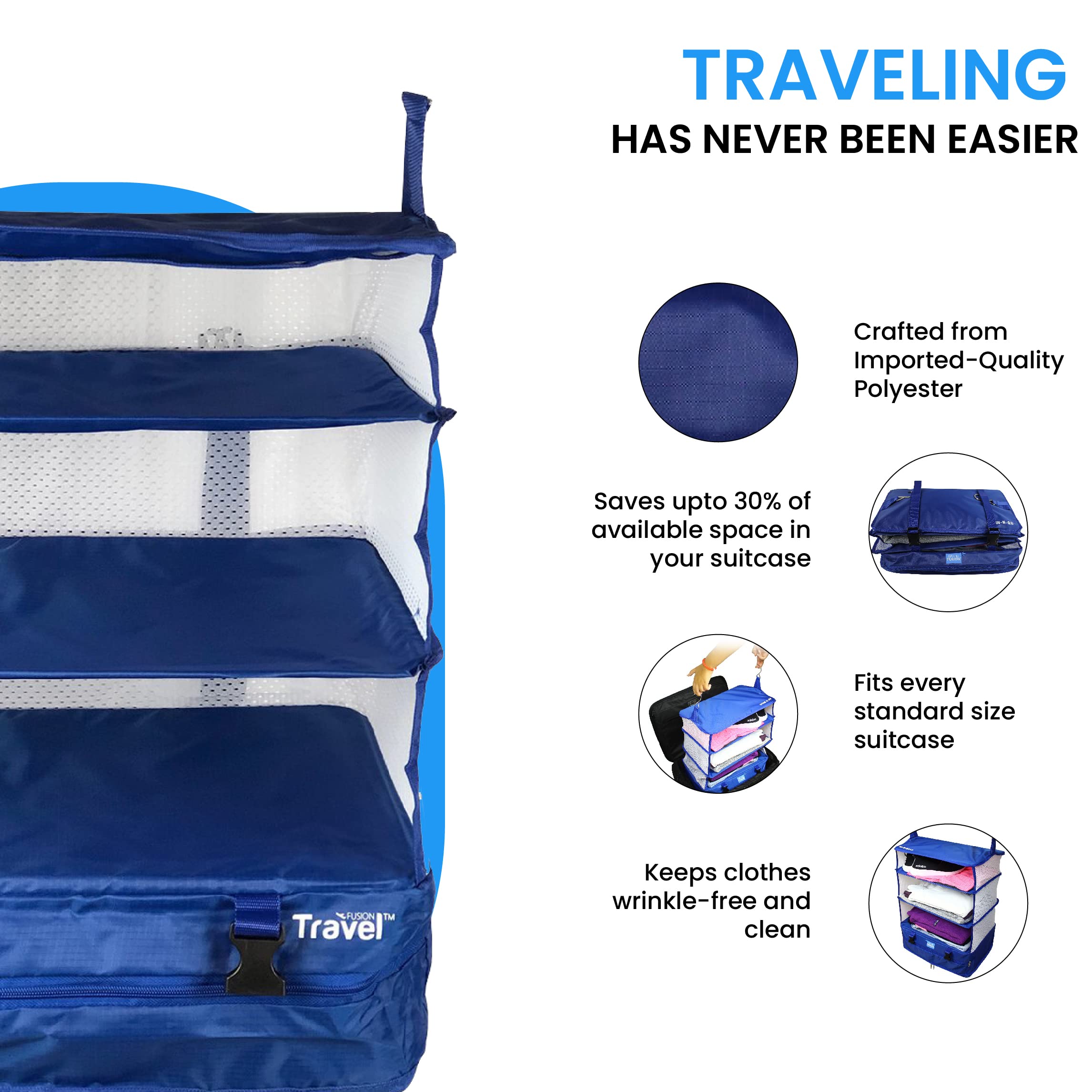 Grand Fusion Stow-N-Go Portable Hanging Travel Shelves - Expandable Packing Organizer for Luggage & Carry-On Closet | Space-Saving Clothes Storage Solution | Perfect for Business Trips, Vacations & Weekend Getaways (Blue, XL 17.7