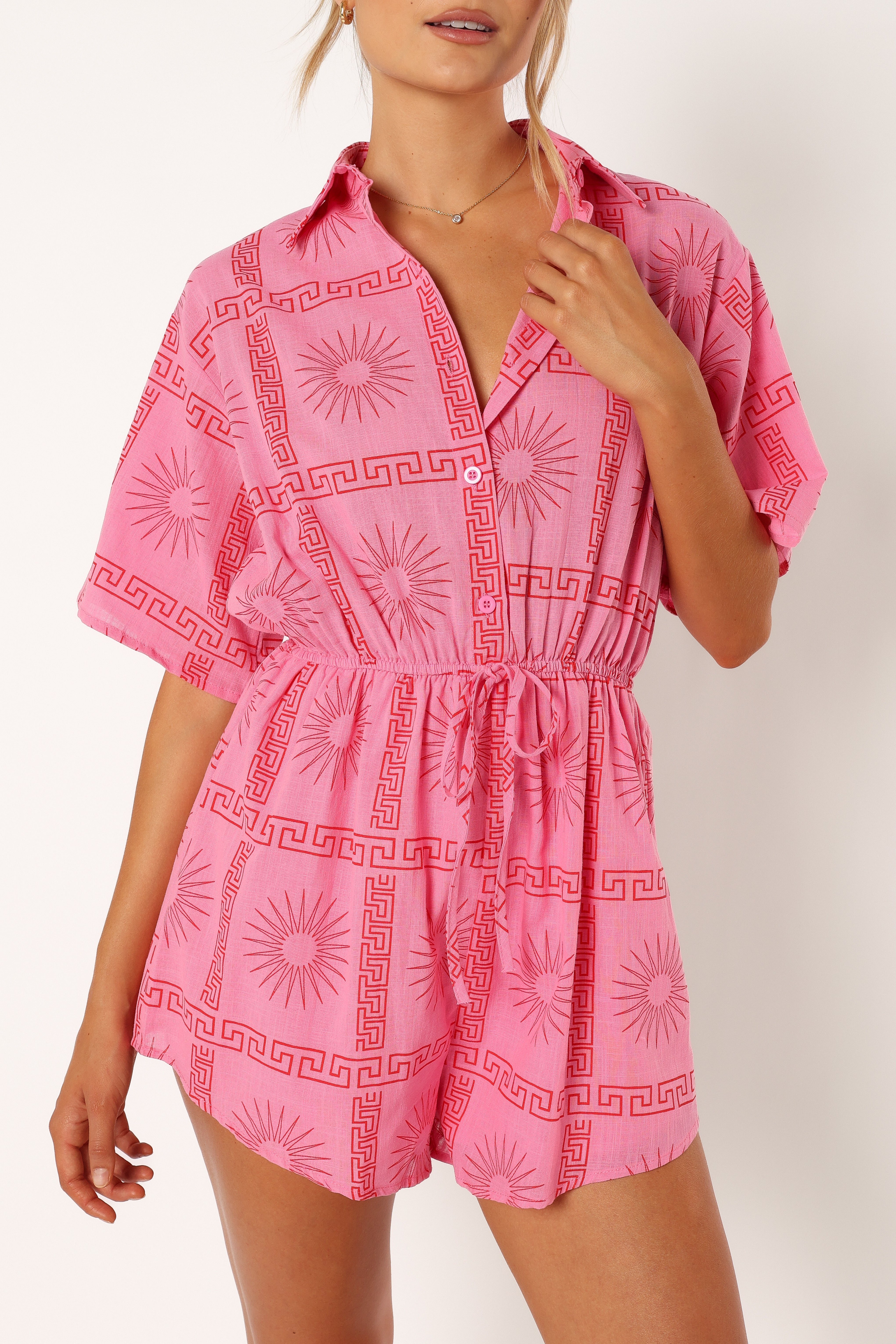 Ilios Playsuit - Stylish Pink Print Romper for Women | Perfect for Summer Outfits, Beach Vacations & Casual Wear