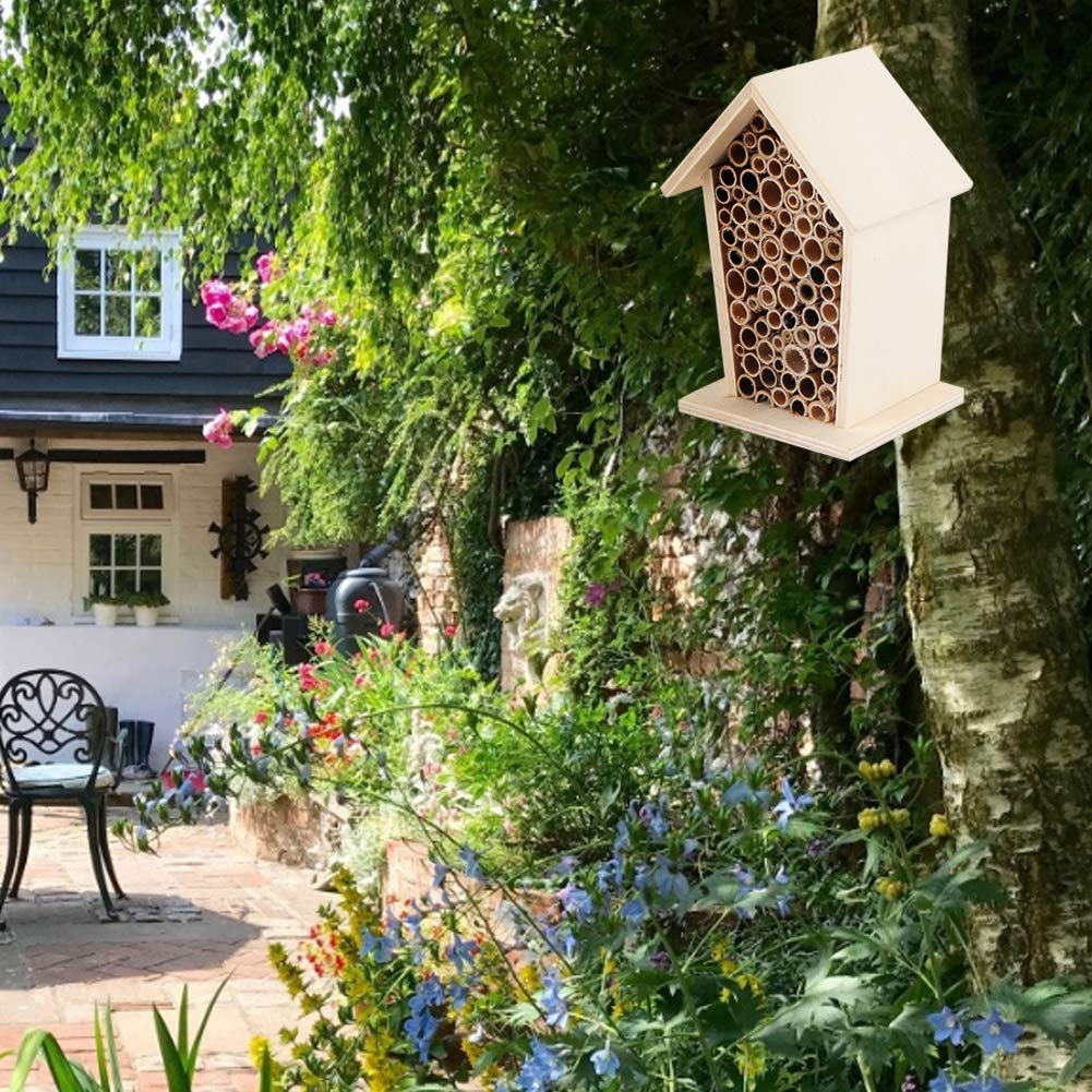 Wooden Bee House for Garden - Natural Wooden Insect Hotel with Tubular Channels, Outdoor Balcony & Patio Decoration - Attracts Pollinators for Eco-Friendly Gardening