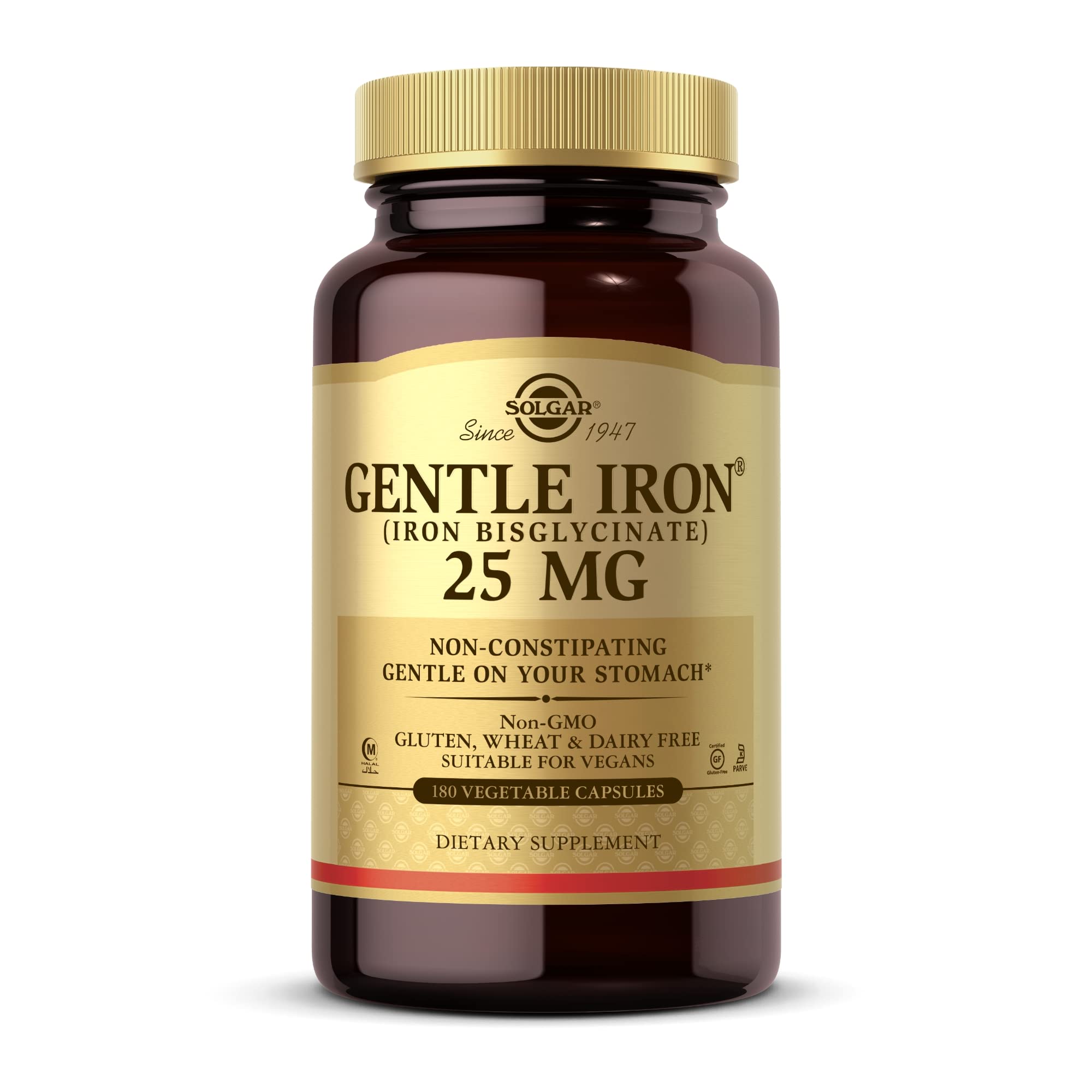 Solgar Gentle Iron (Iron Bisglycinate) 25mg - 180 Vegetarian Capsules - Non-Constipating, Stomach-Friendly Iron Supplement - Non-GMO, Gluten-Free - Supports Energy & Red Blood Cell Production - Ideal for Sensitive Stomachs & Active Lifestyles