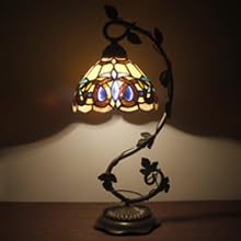 WERFACTORY Tiffany Style Stained Glass Table Lamp - Victorian Metal Leaf Base (8x10x21 Inches) - Desk Reading Light for Bedroom, Home Office & Small Spaces - Perfect for Study, Living Room & Nightstand Decor - S021 Series