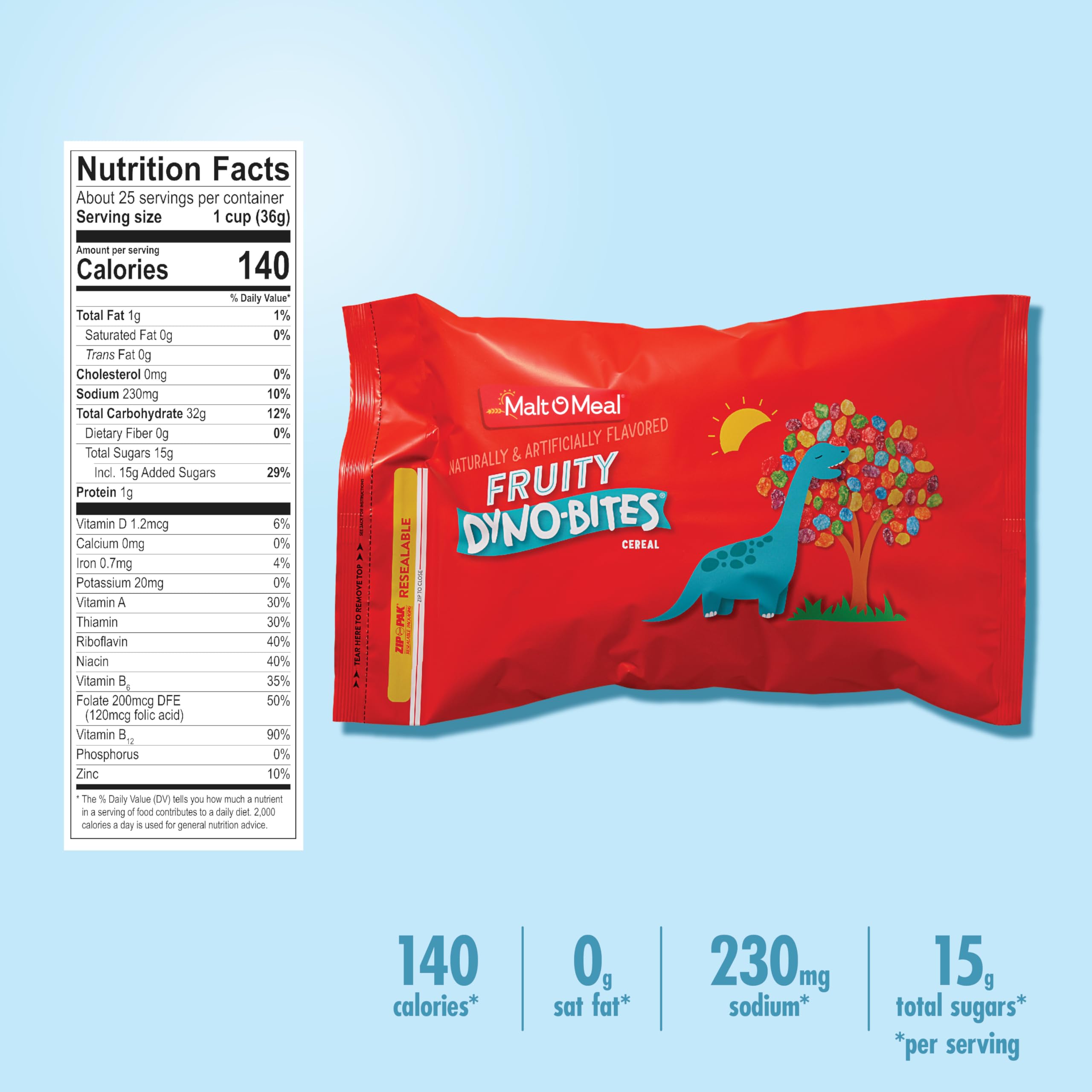 Fruity Dyno Bites Gluten-Free Breakfast Cereal | Malt-O-Meal Family Size 32oz Resealable Bag | Delicious Fruity Flavored Cereal for Kids & Adults | Perfect for School Lunches, Quick Breakfasts & Snacking