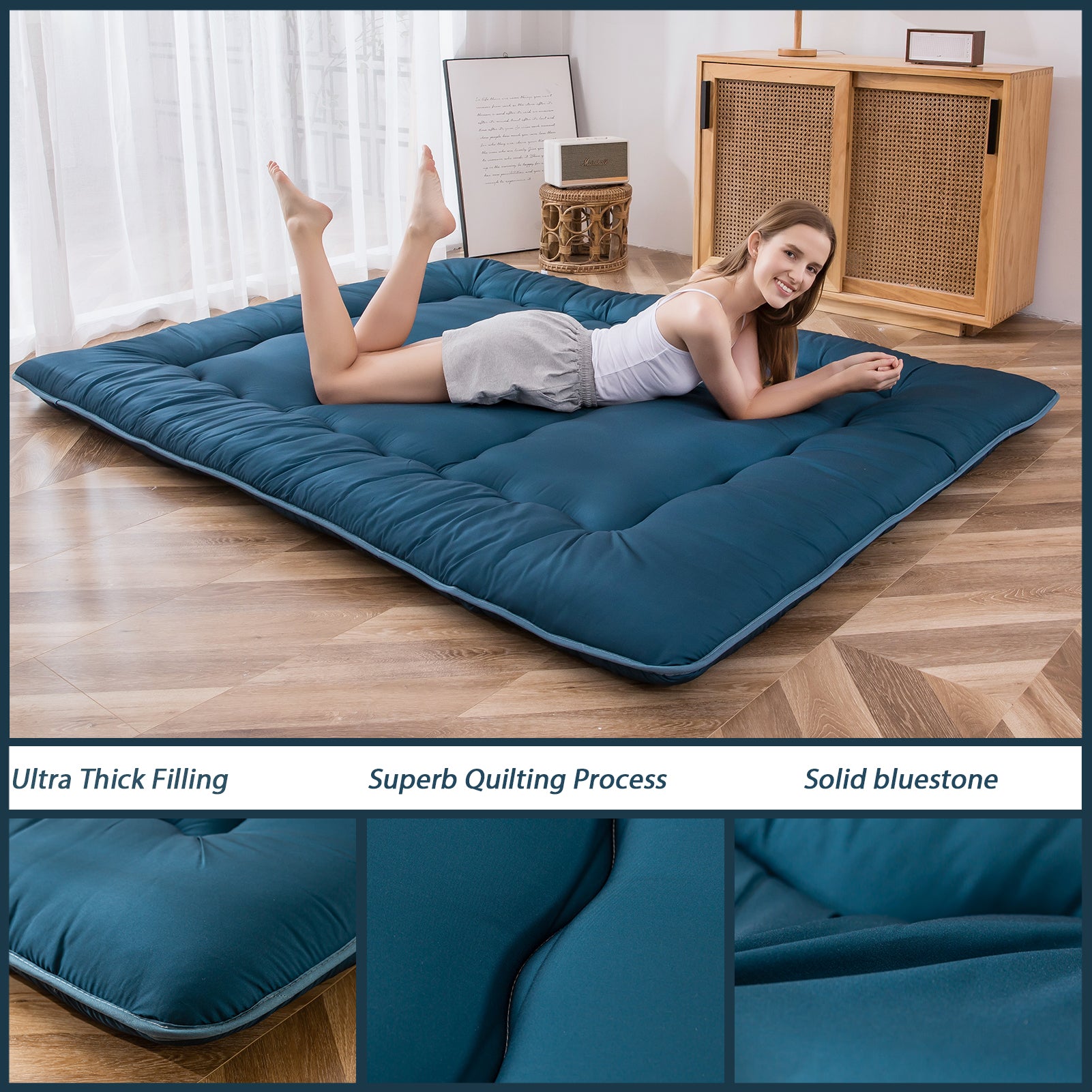 MAXYOYO Portable Futon Mattress - Japanese Floor Mattress for Guest Bed, Camping & Travel | Bluestone Blue | Lightweight & Foldable Sleeping Pad