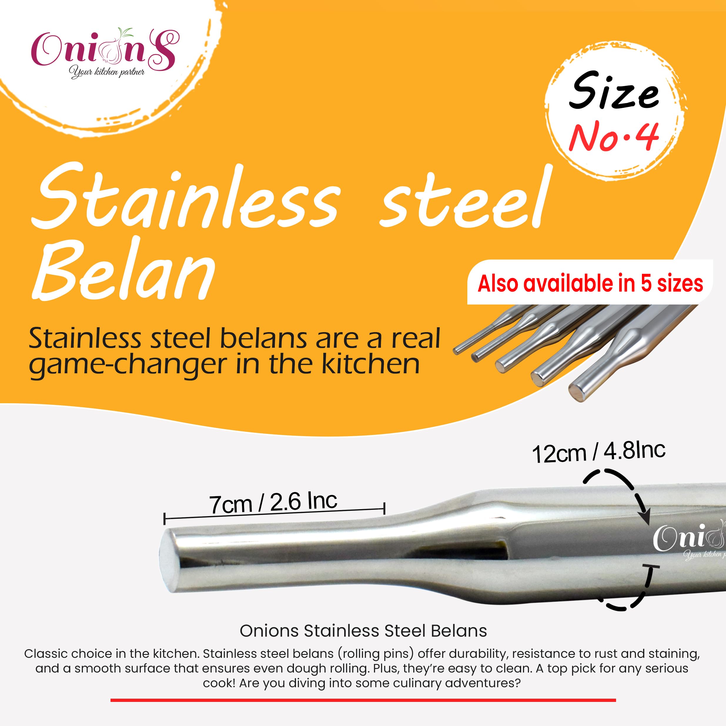 Premium Stainless Steel Belan Rolling Pin for Roti & Chapati - Heavy Duty Kitchen Dough Roller for Indian Cooking, Baking & Pastry Making | Ideal for Roti, Paratha, Puri & Flatbread Preparation
