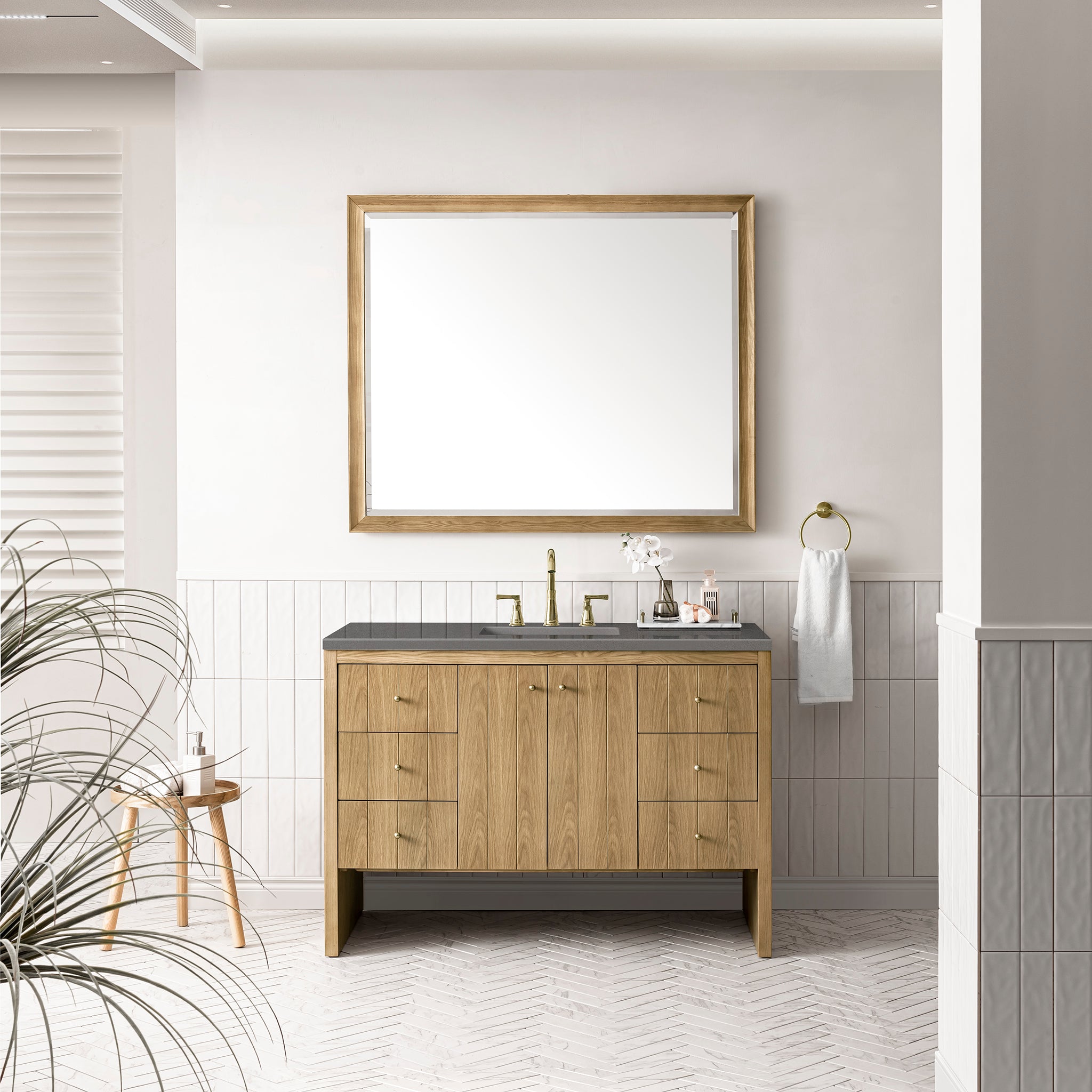 Hudson 48 Inch Single Bathroom Vanity in Light Natural Oak with 3CM Gray Expo Top - Perfect for Modern Home Bathroom Renovation and Space-Saving Design