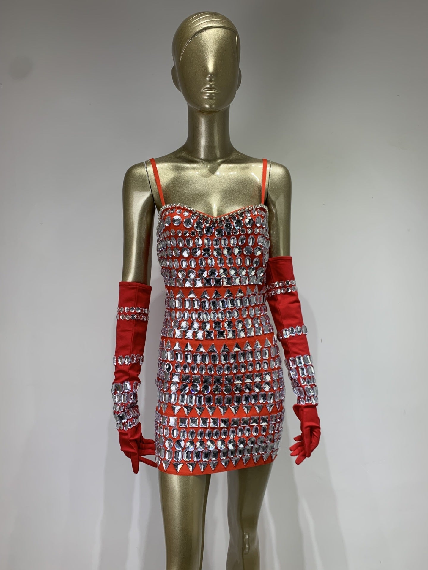Elegant Red Crystal Embellished Bandage Dress with Gloves - Perfect for Evening Parties, Prom, and Special Occasions