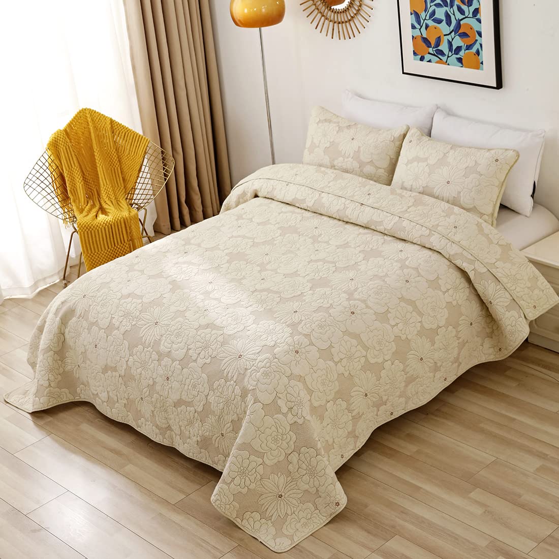 VCTOPS 3-Piece Bohemian Floral Embroidered Quilted Bedspread Set - Queen Size Farmhouse Style Beige Coverlet for Bedroom Decor, Perfect for Country Chic & Cozy Home Aesthetics