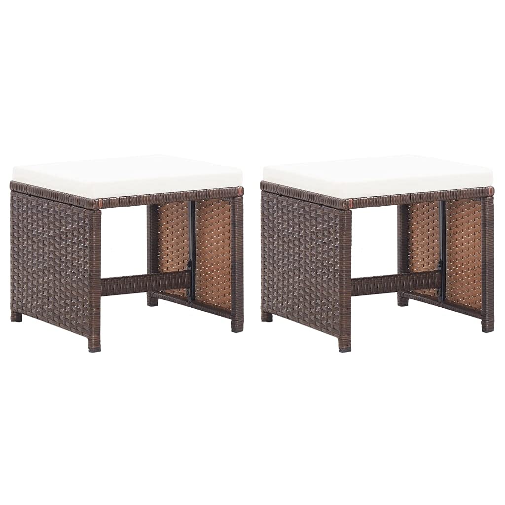 2-Piece Brown Poly Rattan Garden Stools with Cushions - Outdoor Patio, Deck, Backyard & Lawn Furniture - Perfect for Relaxing in Garden or Poolside - Fast Delivery