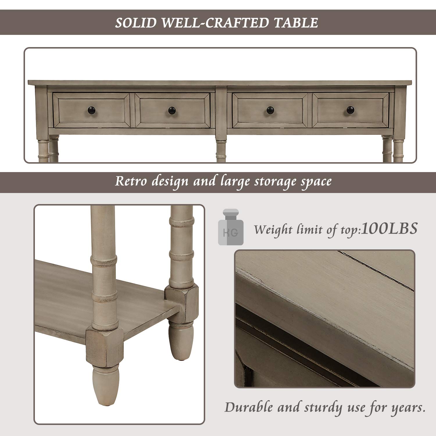 Rustic Gray Wash Wood Console Table with 2 Storage Drawers & Bottom Shelf - Entryway Sofa Table for Living Room, Hallway | Easy Assembly Home Decor for Farmhouse, Apartment & Office Spaces