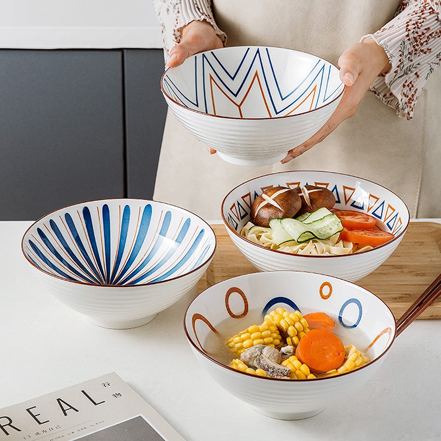 2 Pcs Japanese-Style Ceramic Ramen Bowls - Microwave Safe Soup Noodle Bowls for Ramen, Pho, Udon, Salad & Pasta | Perfect for Home Dining, Restaurant Use & Gift Giving