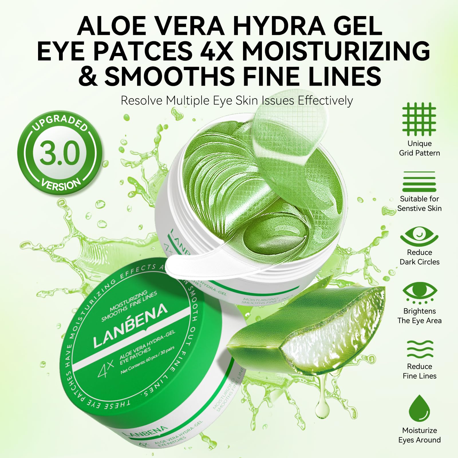 LANBENA Aloe Vera Under Eye Patches for Puffy Eyes and Dark Circles - Collagen Eye Gel Mask for Hydration & Skin Elasticity - Perfect for Morning Skincare & Travel Essentials
