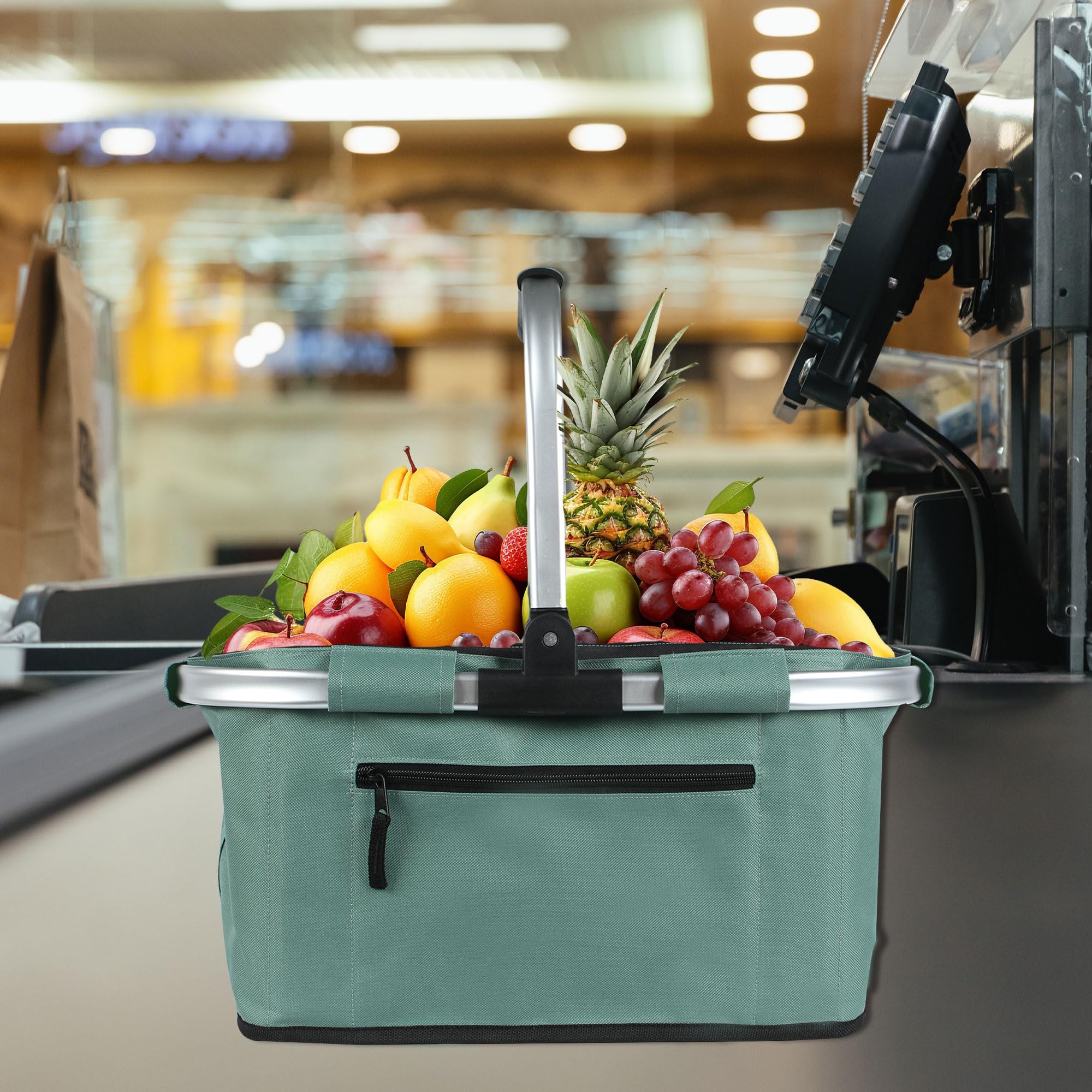 SIYUAN 22L Collapsible Picnic Basket with Handle - Portable Folding Grocery Basket for Shopping, Laundry & Travel - Reusable Green Storage Organizer for Outdoor Picnics, Beach Trips & Camping