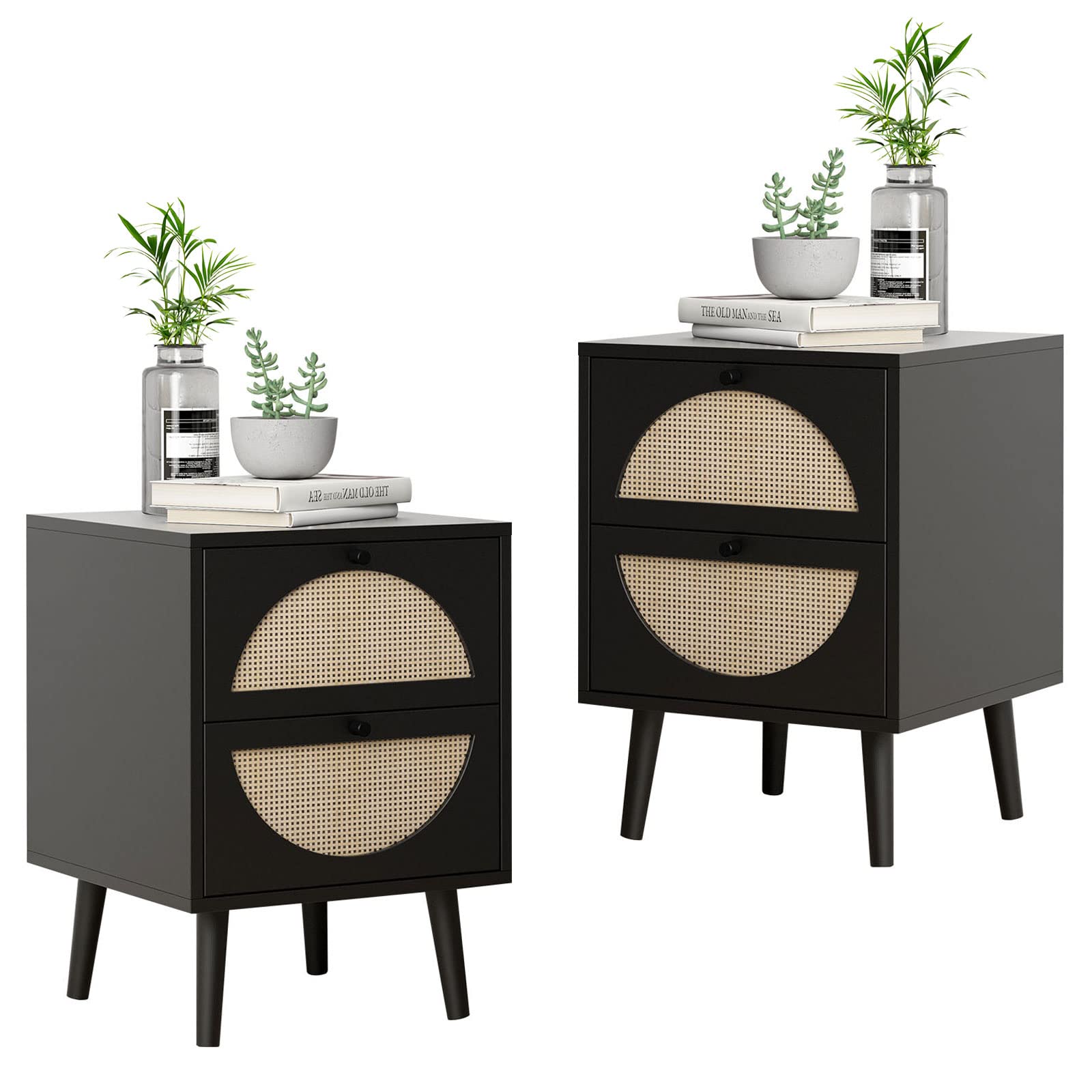 Rustic Rattan Nightstand with 2 Drawers - Wooden End Table Side Table with Storage & Solid Wood Legs for Living Room, Bedroom - Perfect for Small Spaces & Apartment Decor (Black, 2 Pack)