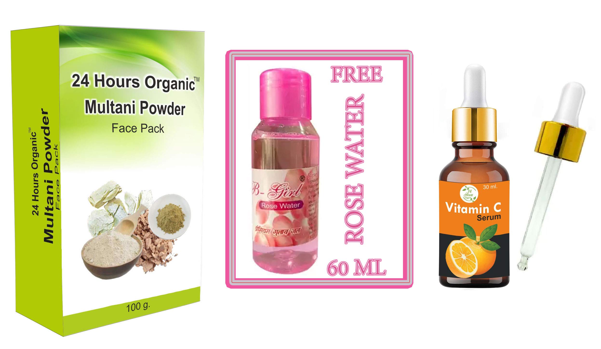 24 Hours Organic Multani Mitti Face Pack Powder 100g with Rose Water 60ml & Vitamin C Serum 30ml - Natural Clay Mask for Glowing Skin - Perfect for Daily Skincare Routine & Spa Treatments