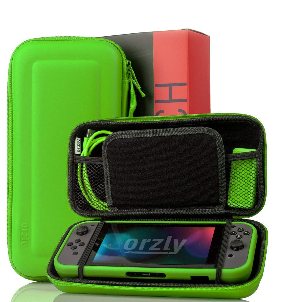 Orzly Nintendo Switch Accessories Bundle - Carry Case, Tempered Glass Screen Protector, USB Charging Cable, Game Case, Comfort Grip & Headphones (Green) | Perfect for Travel, Gaming On-The-Go & Switch Protection