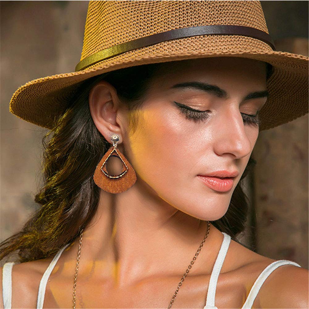 Natural Wooden Teardrop Earrings for Women - Lightweight Geometric Drop Dangle Earrings with Stainless Steel Studs | Boho Ethnic Style Wood Earrings for Everyday Wear, Parties & Special Occasions