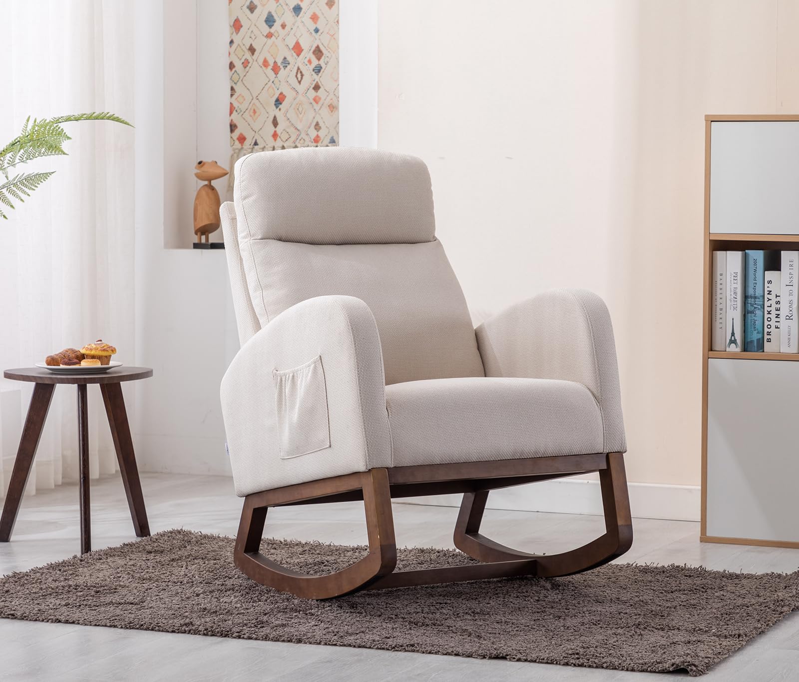 Modern Upholstered Glider Rocking Chair with Side Pocket - High Back Support Nursery Rocker, Solid Wood Base Accent Armchair for Living Room, Bedroom, Nursery & Office - Perfect for Breastfeeding, Reading & Relaxing (Beige)