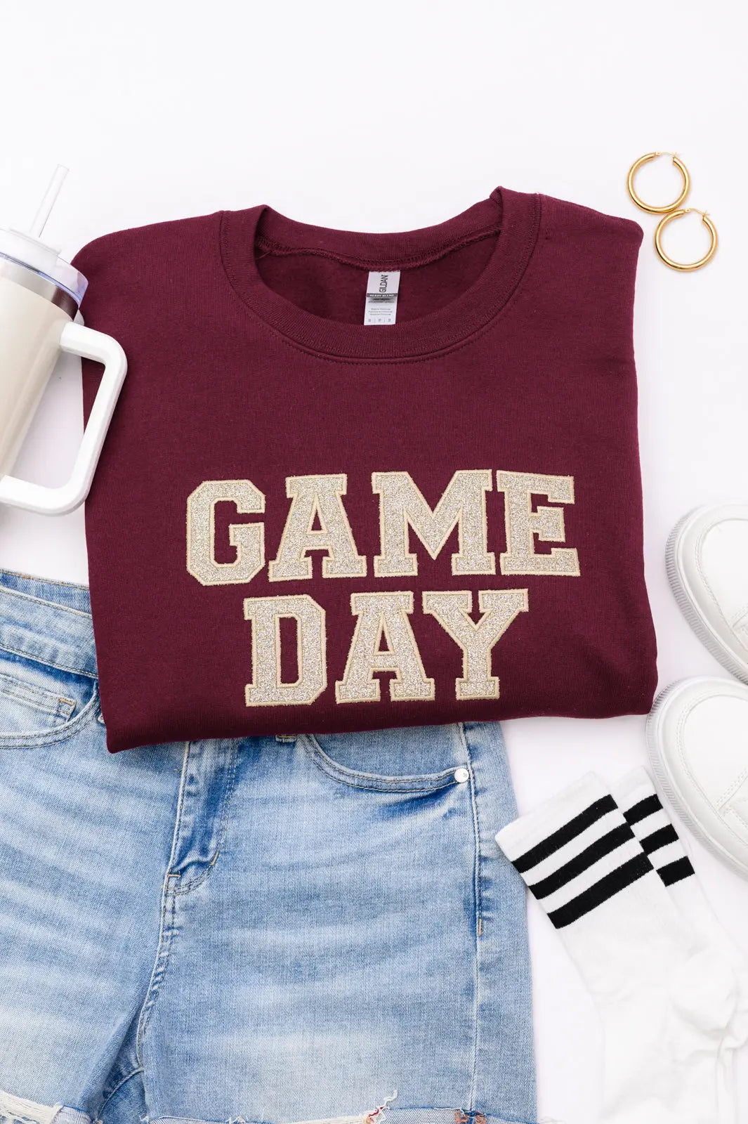 PREORDER: Embroidered Glitter Game Day Sweatshirt - Garnet & Champagne Gold | College Football Fan Gear, Tailgate Party Outfit, Sports Celebration Apparel
