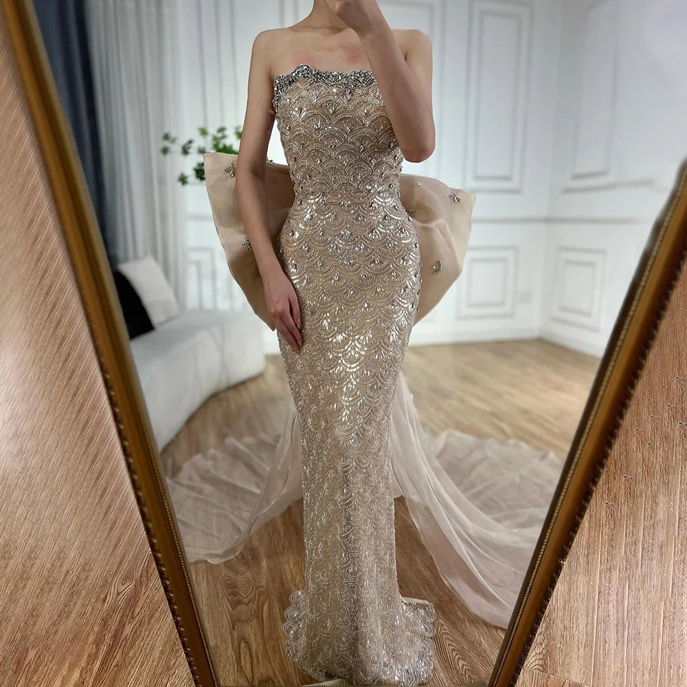 Luxury Dubai Nude Saudi Arabic Evening Gown with Beaded Tassel Dress for Formal Occasions - Elegant Party Wear for Weddings, Galas & Special Events LA72730