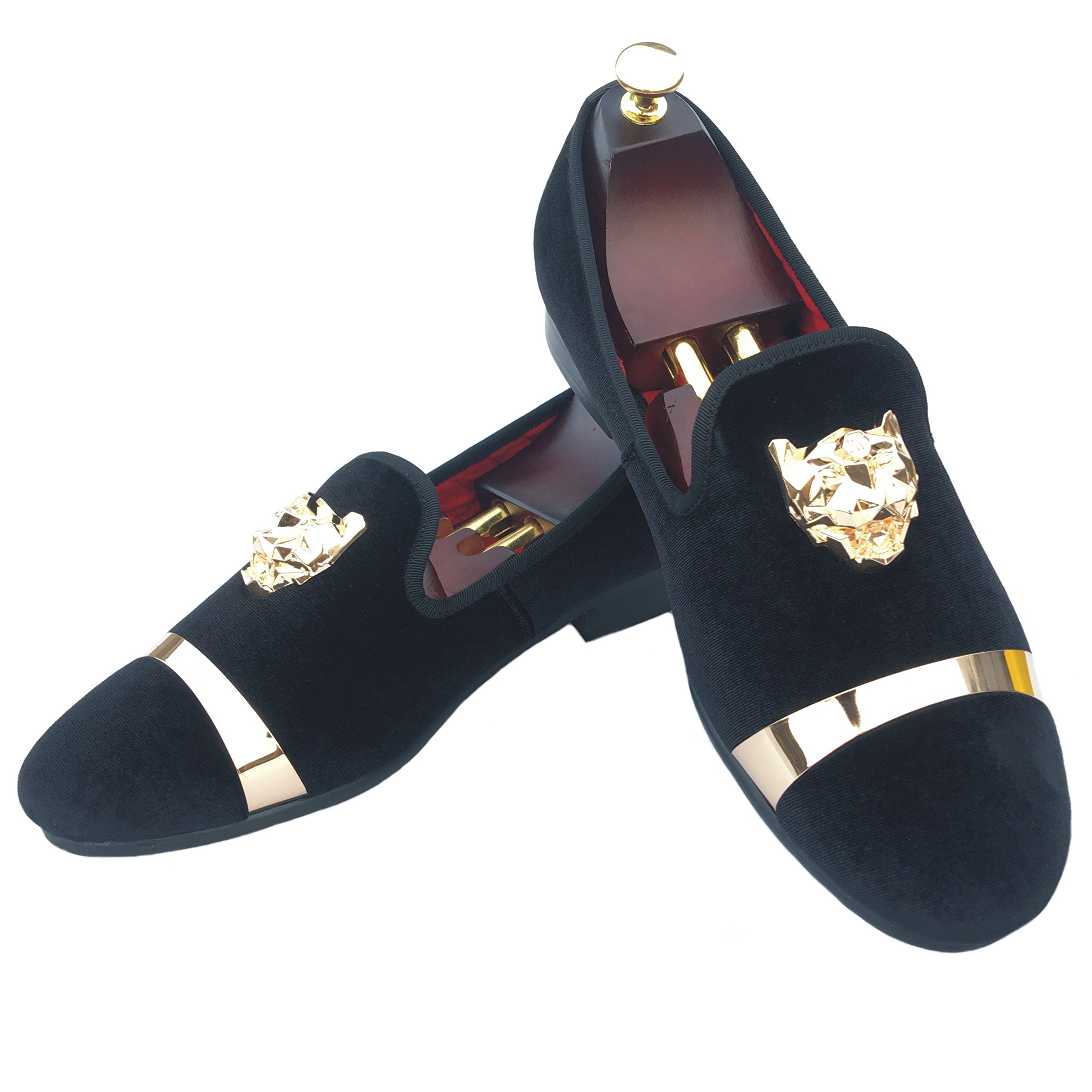 Men's Black Velvet Loafers with Gold Buckle - Formal Slip-On Dress Shoes for Weddings, Smoking, and Evening Events
