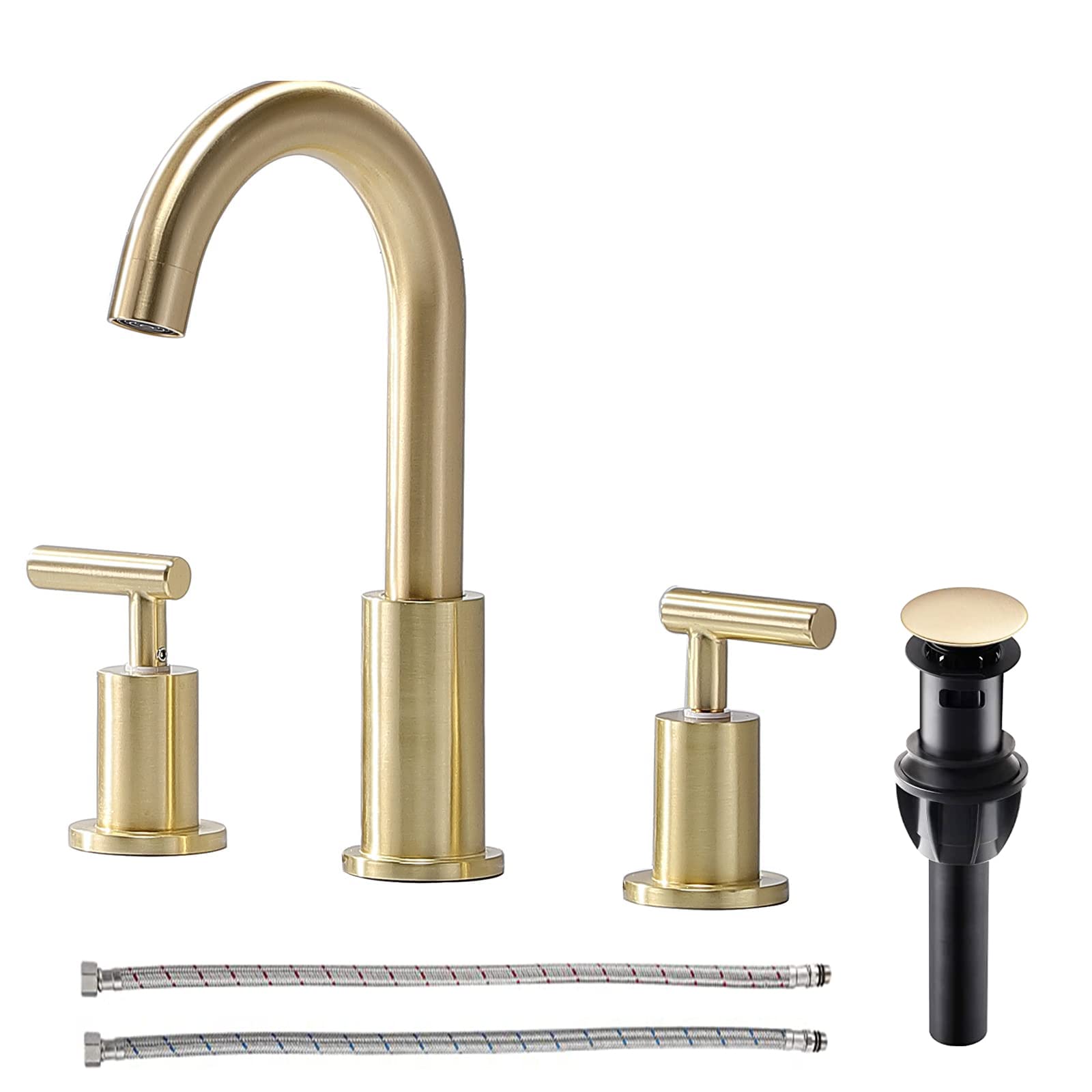 Comllen 8 Inch Brushed Gold Bathroom Faucet - Modern 3 Hole Widespread Brass Sink Faucet with Pop Up Drain & Water Hoses - Perfect for Vanity, Guest Bathroom & Powder Room Upgrades