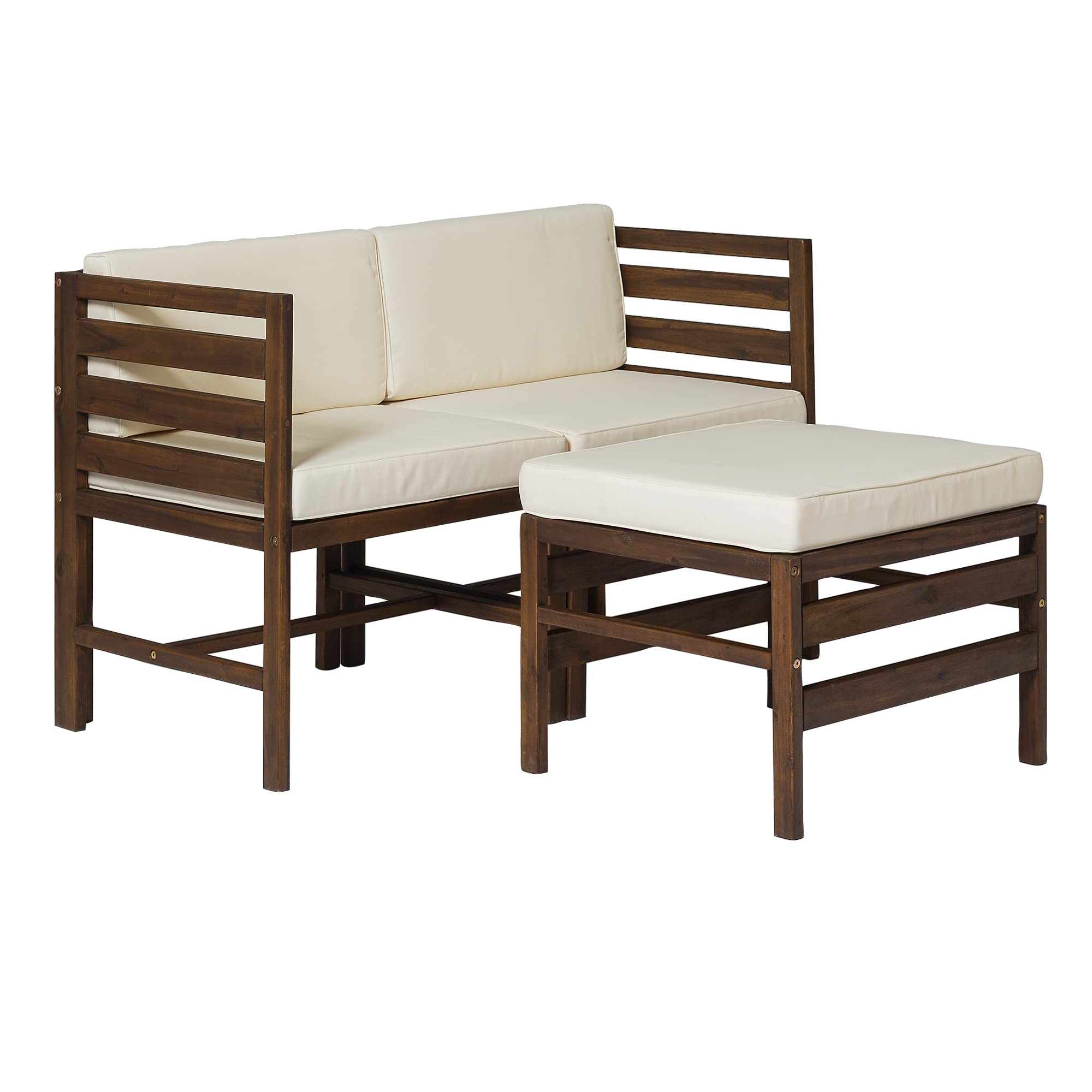 Walker Edison Ravello 3-Piece Acacia Wood Outdoor Modular Chat Set with Cushions - Dark Brown Patio Furniture for Garden, Deck, Poolside & Backyard Relaxation