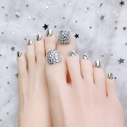 24Pcs French Press-On Toenails with Rhinestones - Short Silver Fake Toenails & Nail Glue Kit | Luxury Full Cover False Toe Nails for Women & Girls | Perfect for Parties, Weddings, and Special Occasions