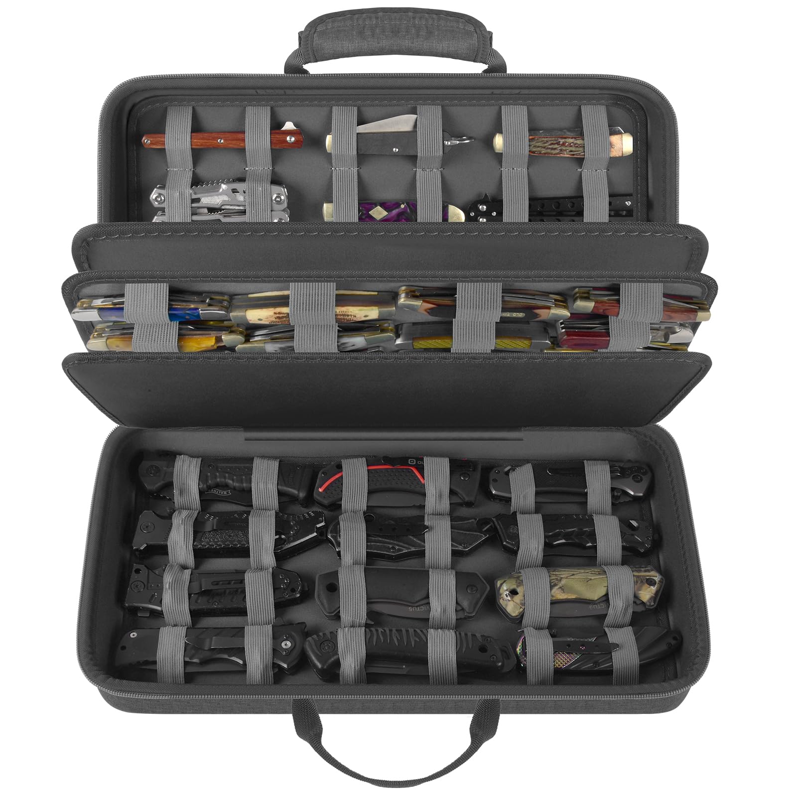 64+ Pocket Knives Display Case - Butterfly & Folding Knives Organizer Box - Tactical Knife Collection Storage for Survival, Outdoor, EDC (Grey) | Perfect for Home Display, Camping Gear & Collector's Showcase