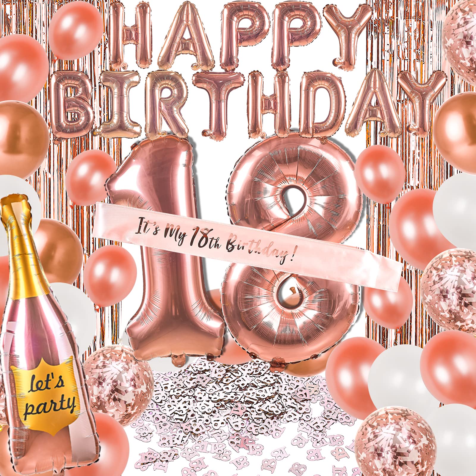 PartyWoo 18th Birthday Decorations Set - 29pcs Rose Gold Party Supplies with Happy Birthday Balloons, Number 18 Foil Balloons, 6.6ft Glitter Backdrop & Latex Balloons for Women's Milestone Celebration - Perfect for Sweet 18 Parties, Birthday Photoshoots & Surprise Decor