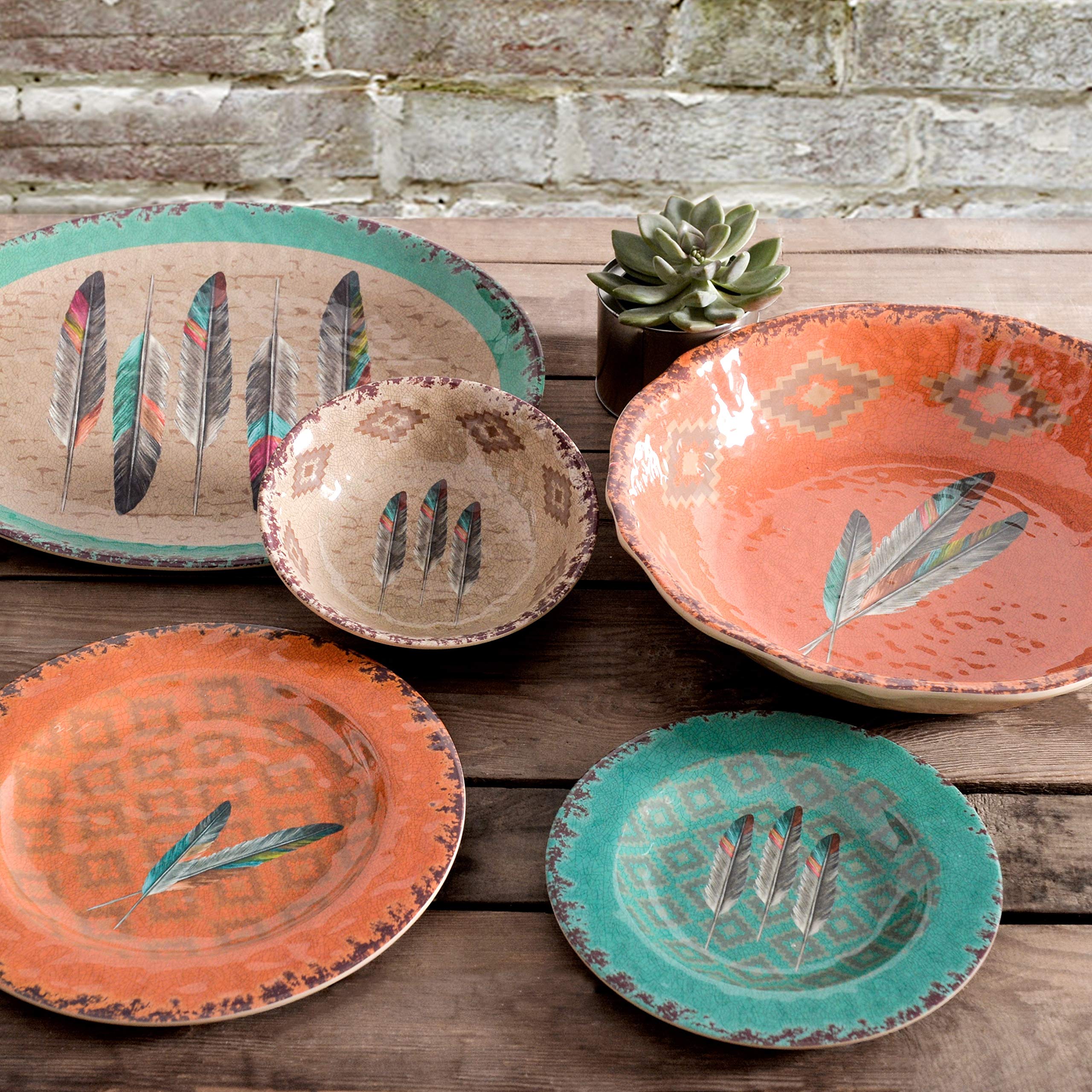 HiEnd Accents 14-Piece Melamine Dinnerware Set - Western Style Feather Print in Orange, Tan, Brown & Teal - Durable Plastic Plates, Bowls & Serving Dish - Southwestern Aztec Tribal Design for Rustic Dining | Perfect for Outdoor Picnics, BBQ Parties & Southwestern-Themed Decor