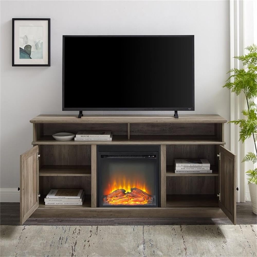Farmhouse TV Stand with Wood Fireplace Design - Holds TVs up to 60 Inches, Gray Wash Finish - Perfect for Living Room, Bedroom & Home Theater Setup