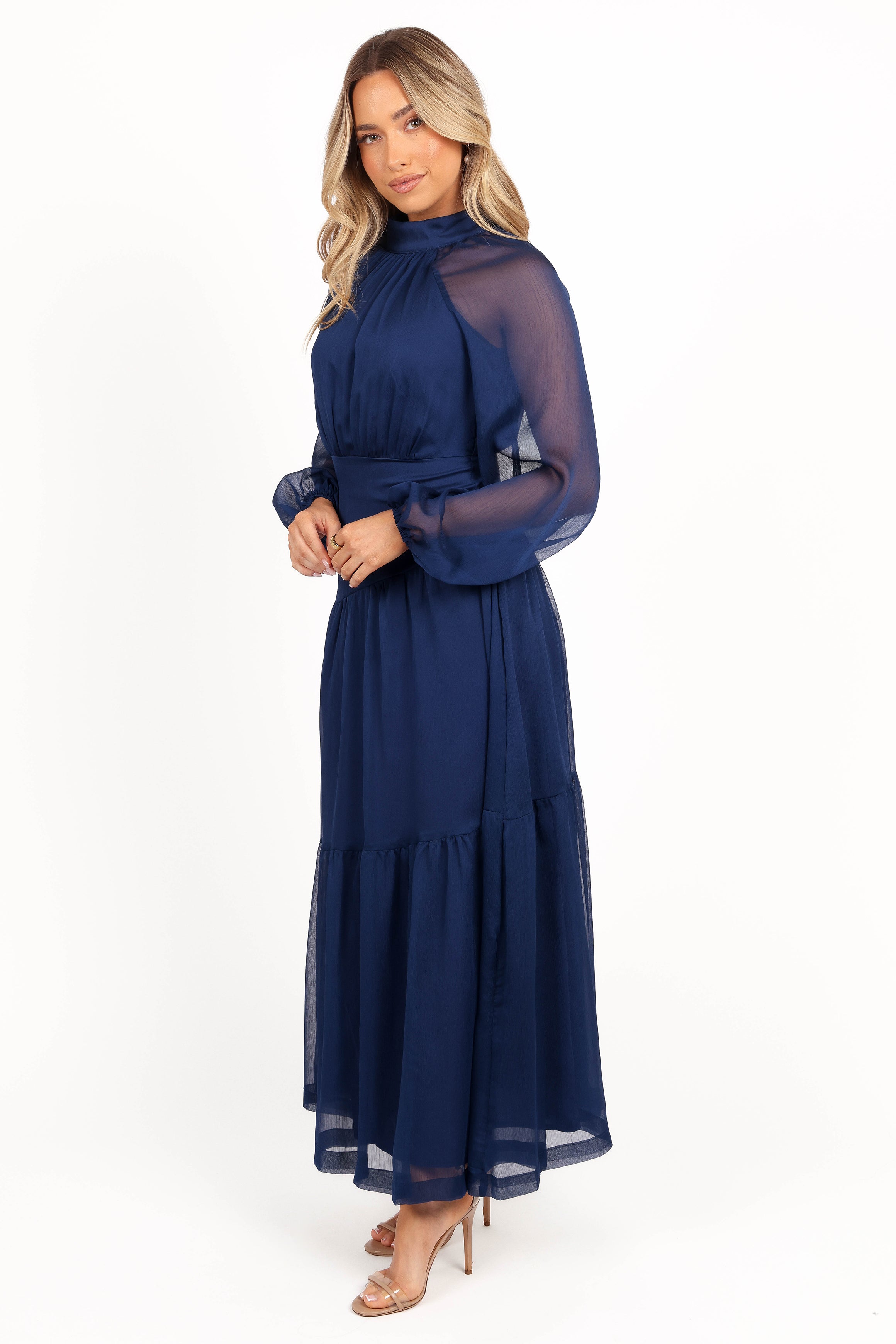 Julip Sheer Long Sleeve Maxi Dress for Women - Navy Blue Flowy Beach Cover Up, Elegant Evening Gown & Summer Boho Dress for Vacations, Weddings & Date Nights
