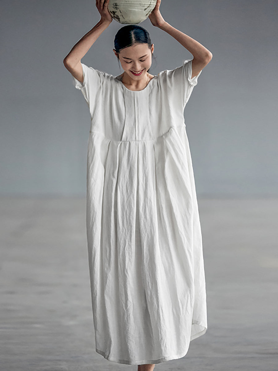 Elegant Plus Size Linen Dress with Pleated Design - Loose Fit Chinese Style for Women - Perfect for Casual Wear, Summer Outfits, and Special Occasions