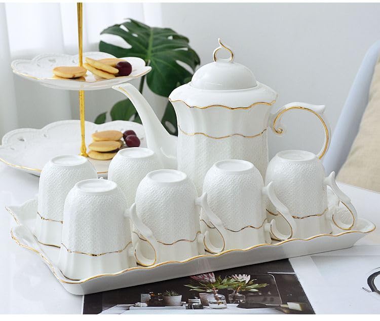 14-Piece Porcelain Tea Set with Gold Spoon - Elegant Ceramic Teapot, Coffee Cups & Tea Party Tray - Perfect for Afternoon Tea, Bridal Shower & Hostess Gift