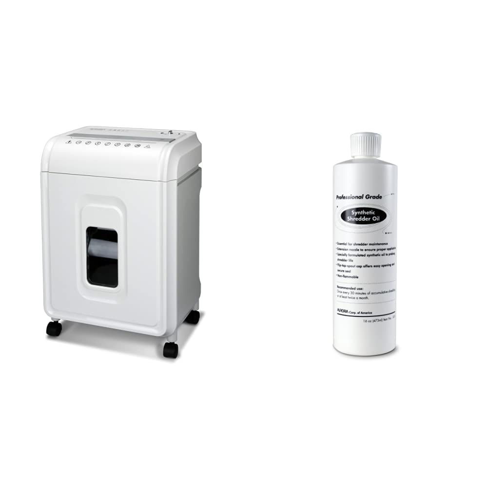 Aurora AU1275MA 12-Sheet Micro-Cut Paper Shredder with CD/Credit Card Slot & SL16 Synthetic Shredder Oil Bundle (White/Gray) - Perfect for Home Office Security & Document Destruction