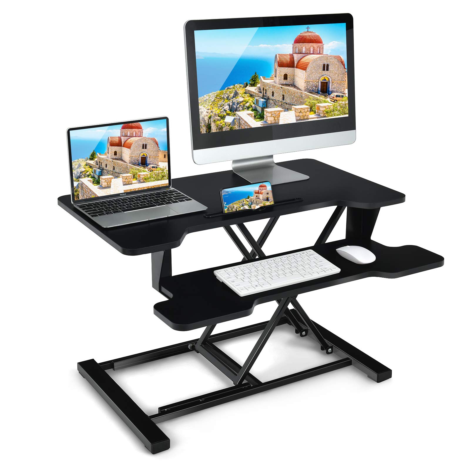 Tangkula 32 Inch Height Adjustable Standing Desk Converter - Ergonomic Sit Stand Workstation with Gas Spring Lift, Removable Keyboard Tray & Smartphone Holder - Spacious Dual Monitor Desktop Riser for Home Office & Workspace