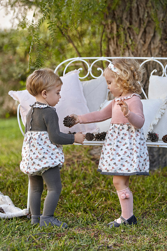 Sloan Charcoal Half Knit Snail Print Romper - Stylish Baby Jumpsuit for Girls | Perfect for Playdates, Photoshoots & Everyday Wear