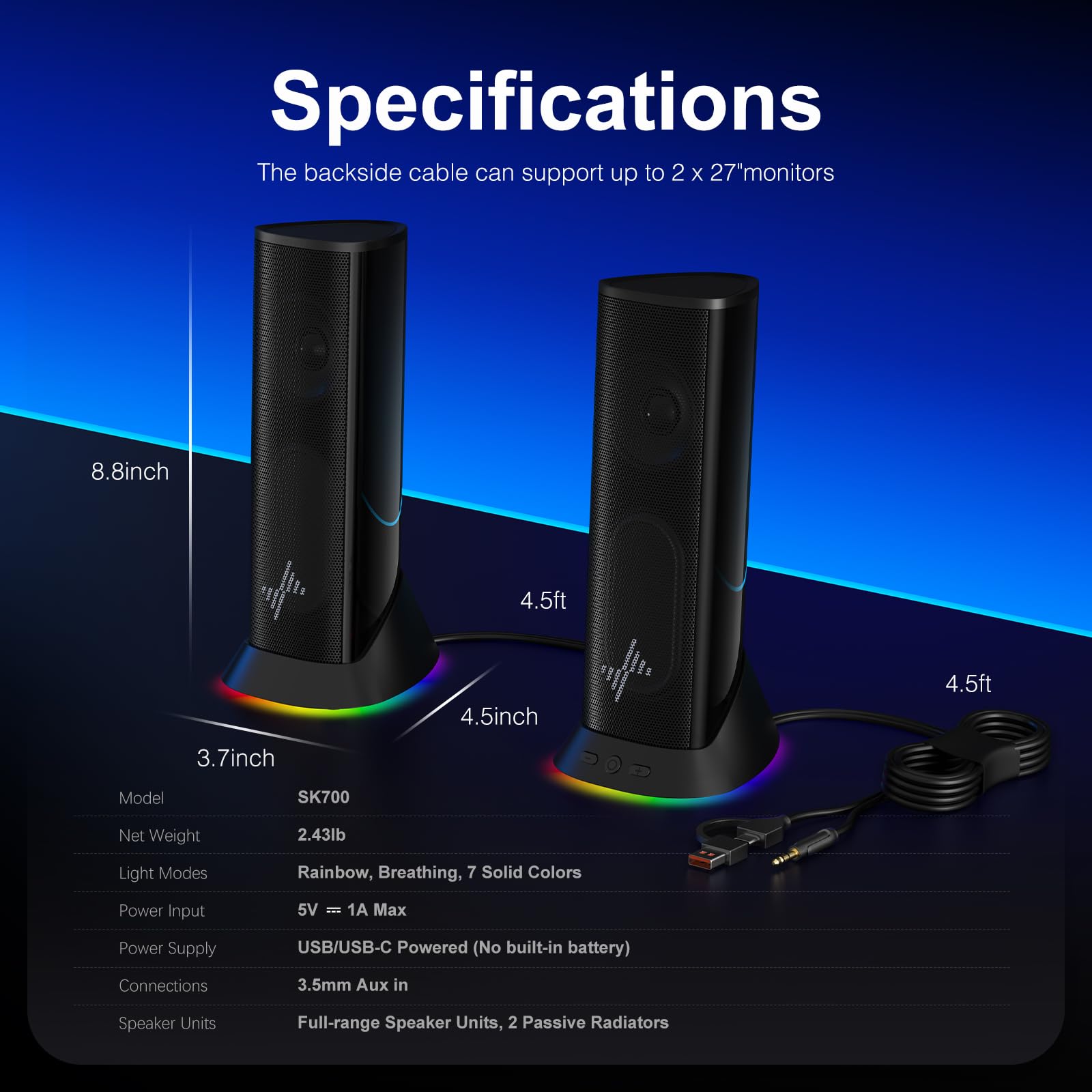 Nylavee Computer Speakers with 9 LED Lighting Modes, 2 Full-Range Speakers & Bass Boost - USB/Type-C & 3.5mm Aux for PC, Laptop, Gaming | Perfect for Home Office, Streaming & Desktop Entertainment